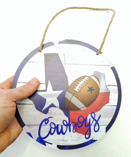 DALLAS COWBOYS WOODEN SIGN 7.75" Circular Hanging Wall State Pride Decal & Rope