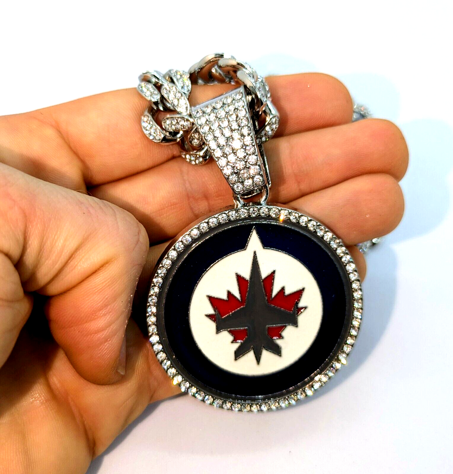 WINNIPEG JETS GEM NECKLACE Silver Bling NHL Hockey Hip Hop Pendant & 28" Chain