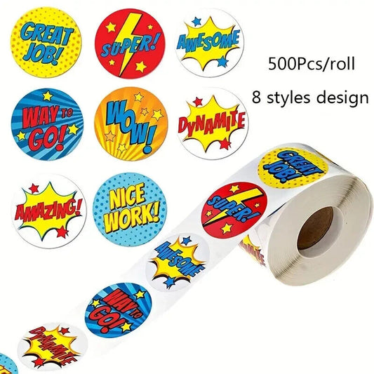 COMIC BOOK STYLE STICKERS (1 Roll = 500pcs) Positive Reinforcement for Kids