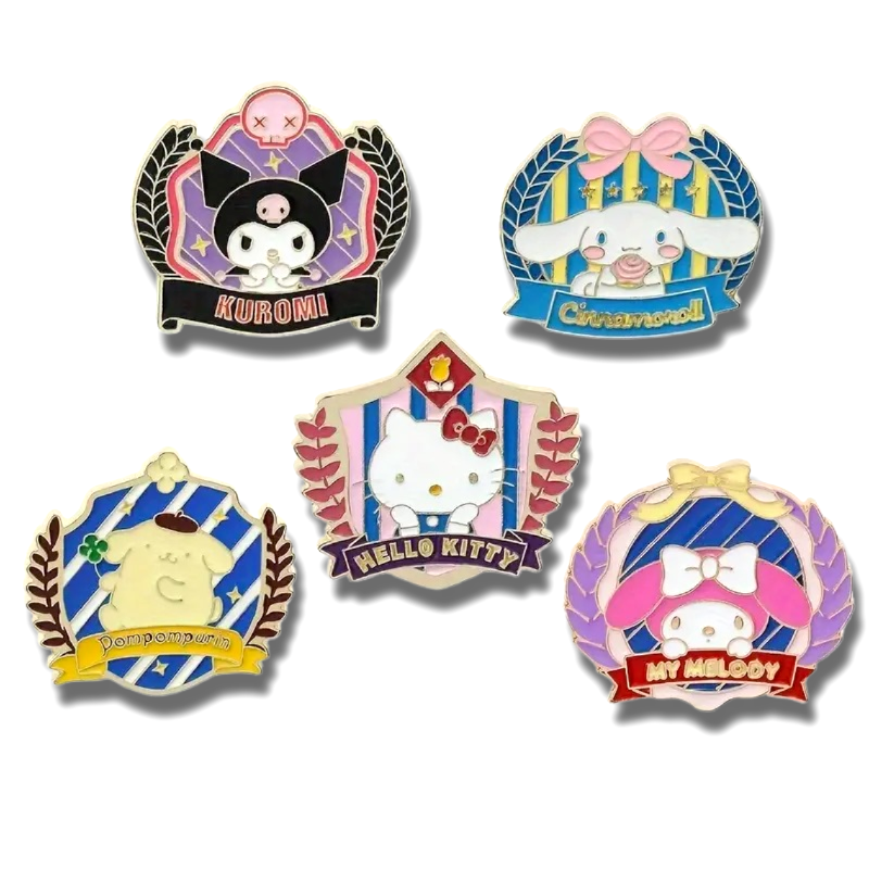 HELLO KITTY COAT OF ARMS PIN SET (5pcs) Cartoon Crest Enamel Lapel Brooch Lot