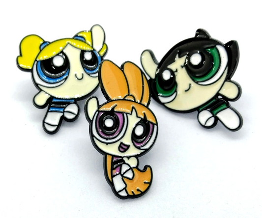 POWERPUFF GIRLS PIN SET (3pcs) Retro 90s Toon Cartoon Gift Enamel Brooch Lot