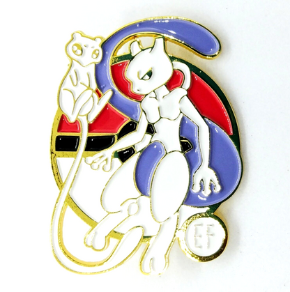 MEWTWO PIN Pokemon Golden Round Circle Flying High w/ Mew Enamel Brooch Anime