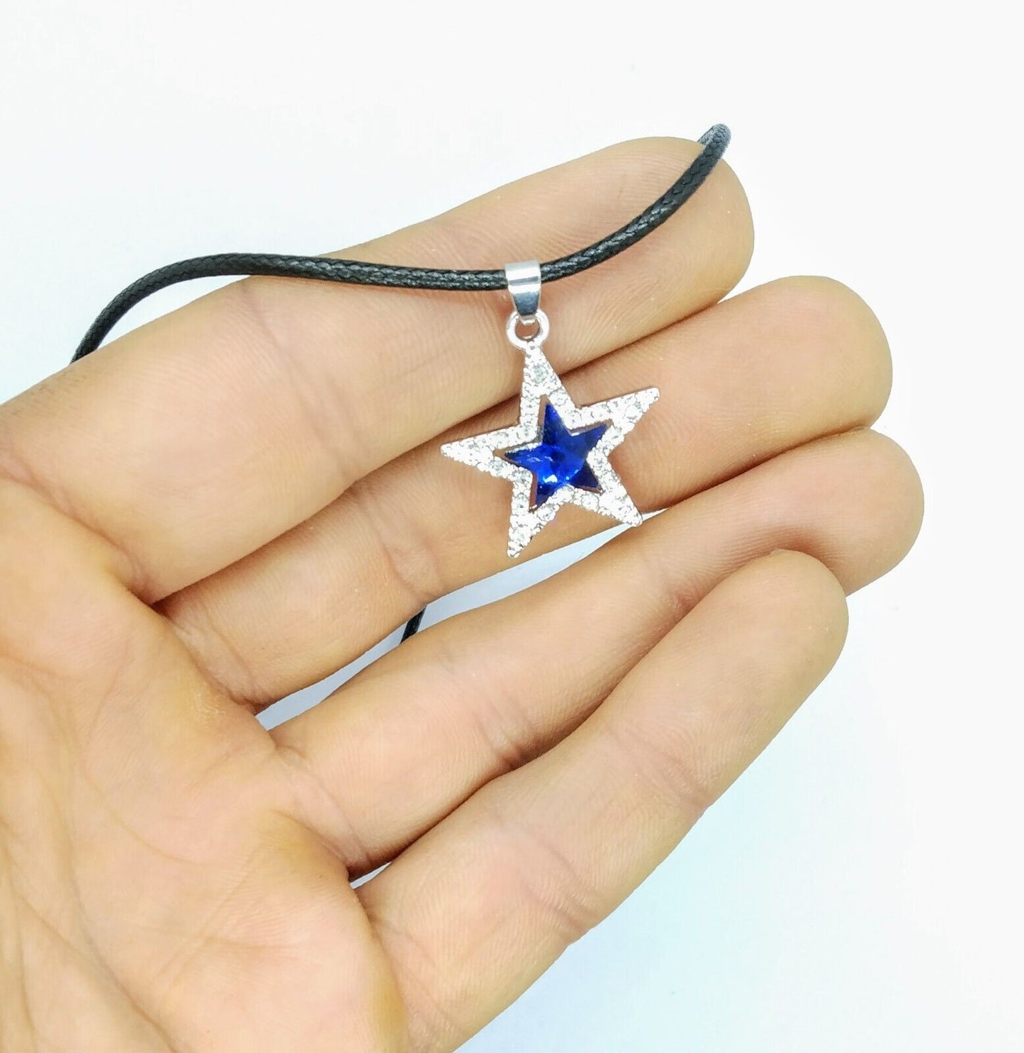 DALLAS COWBOYS SMALL GEM NECKLACE Blue/Silver Star Pendant & Leather Adj. Rope