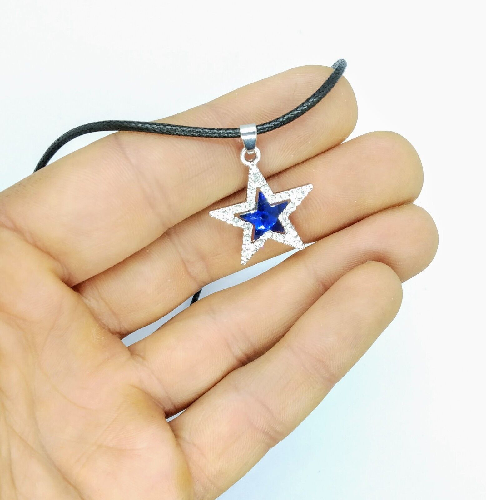 DALLAS COWBOYS SMALL GEM NECKLACE Blue/Silver Star Pendant & Leather Adj. Rope