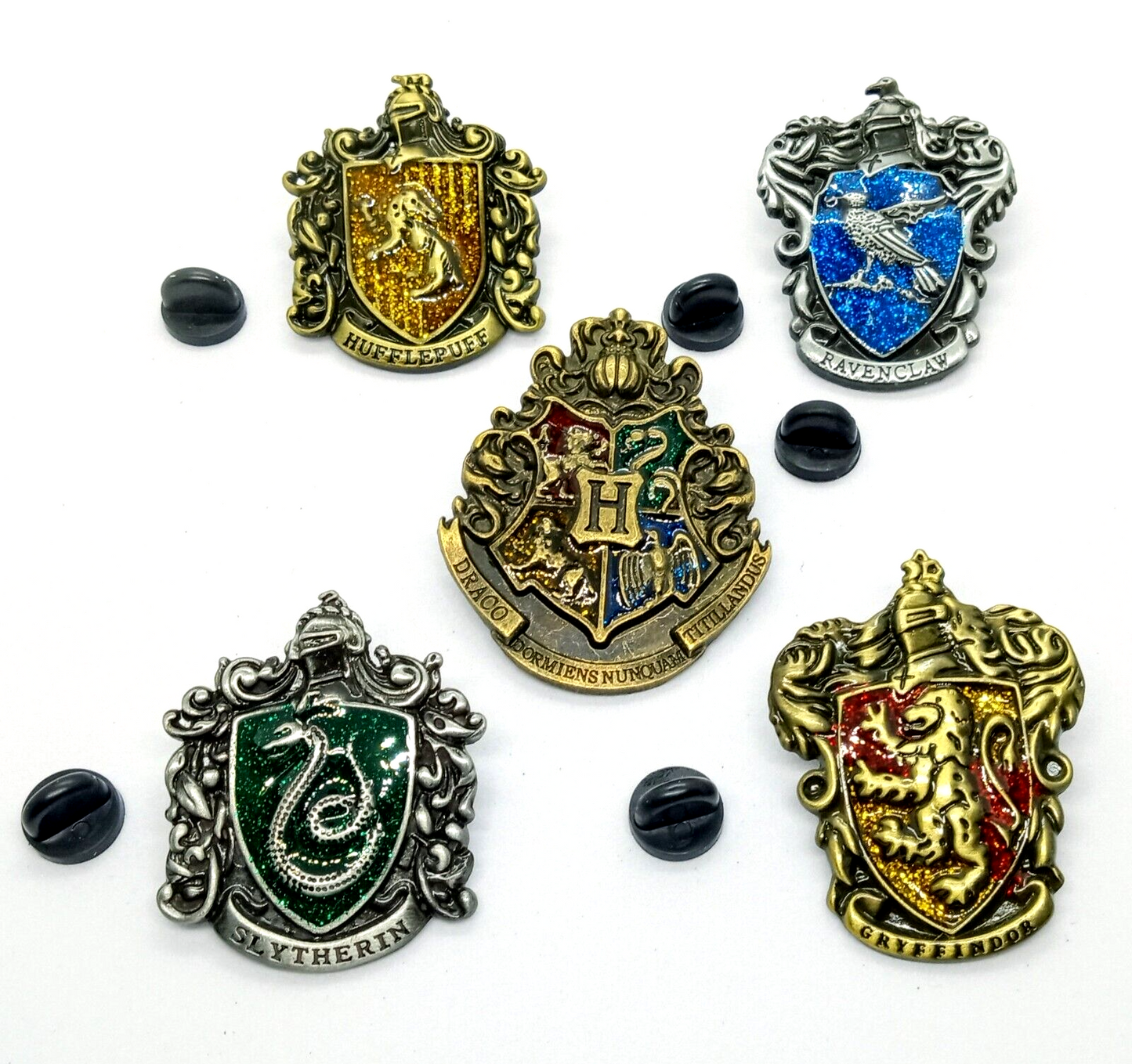 HARRY POTTER CREST PIN SET (5pcs) Hogwarts & House Emblems Enamel Brooch Lot