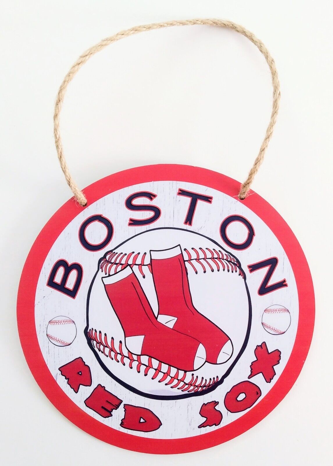 BOSTON RED SOX WOODEN SIGN 8"x8" Circular Hanging Wall Team Logo Decal & Rope