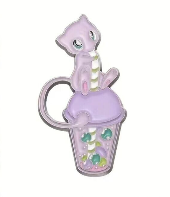 MEW DRINKING BUBBLE TEA PIN Pokemon Pink/Purple Boba Anime Enamel Lapel Brooch