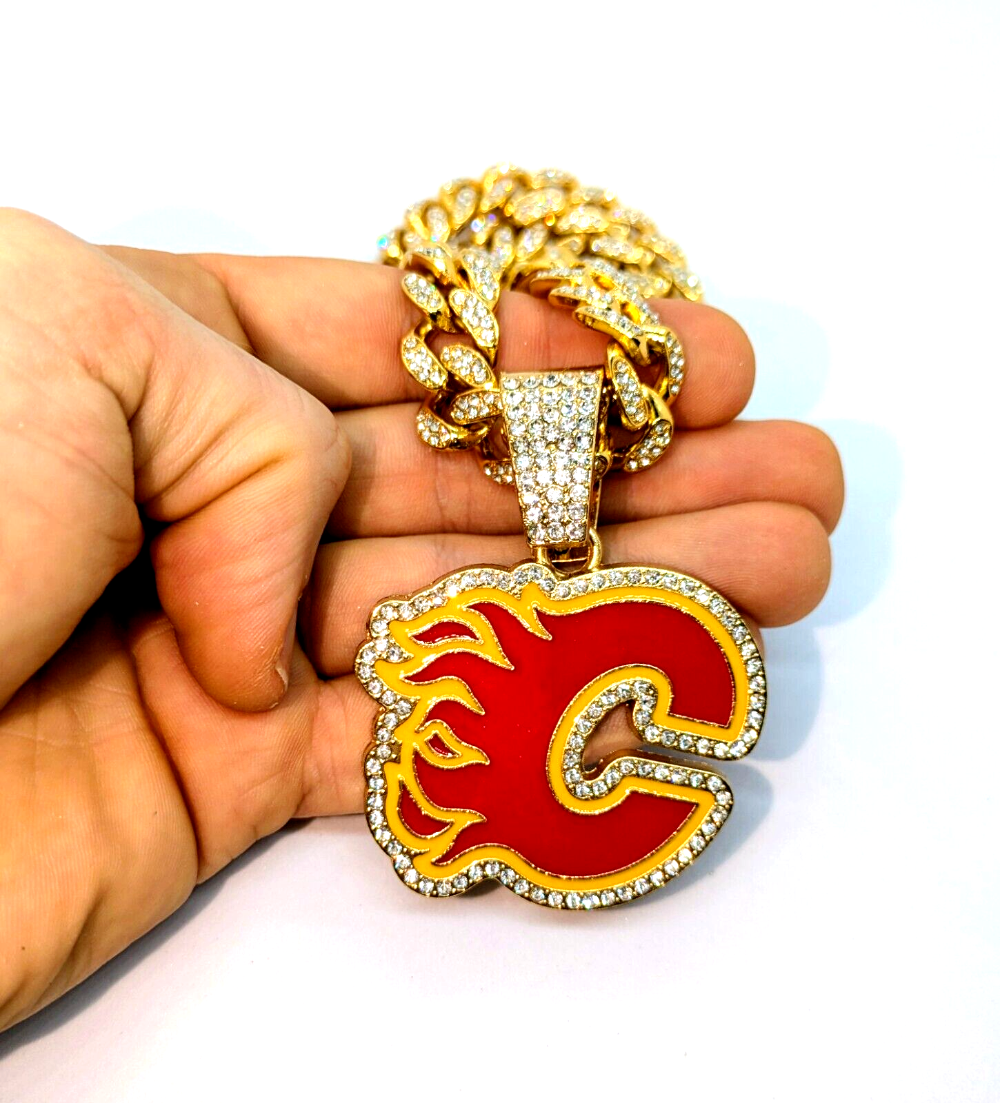 CALGARY FLAMES GEM NECKLACE Gold Bling NHL Hockey Hip Hop Pendant & 20" Chain