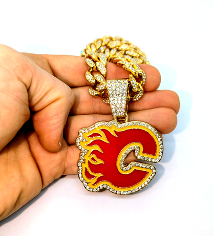 CALGARY FLAMES GEM NECKLACE Gold Bling NHL Hockey Hip Hop Pendant & 20" Chain