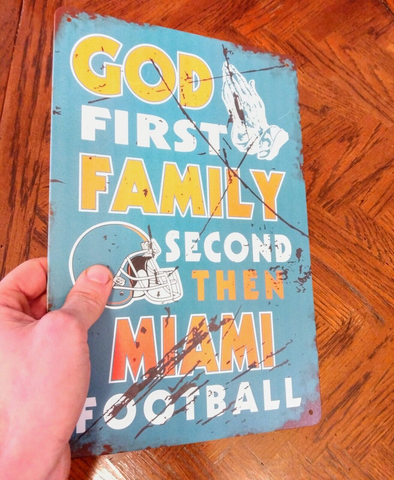 MIAMI DOPHINS METAL SIGN 12"x8" Religious "God First..." Fan Wall Decal