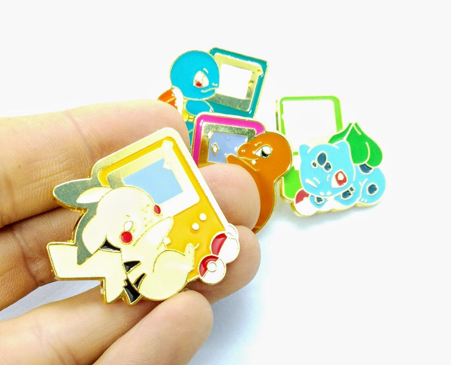 GAMEBOY POKEMON PINS (x4) Pikachu & Starters Hugging Video Game Brooch Set Lot