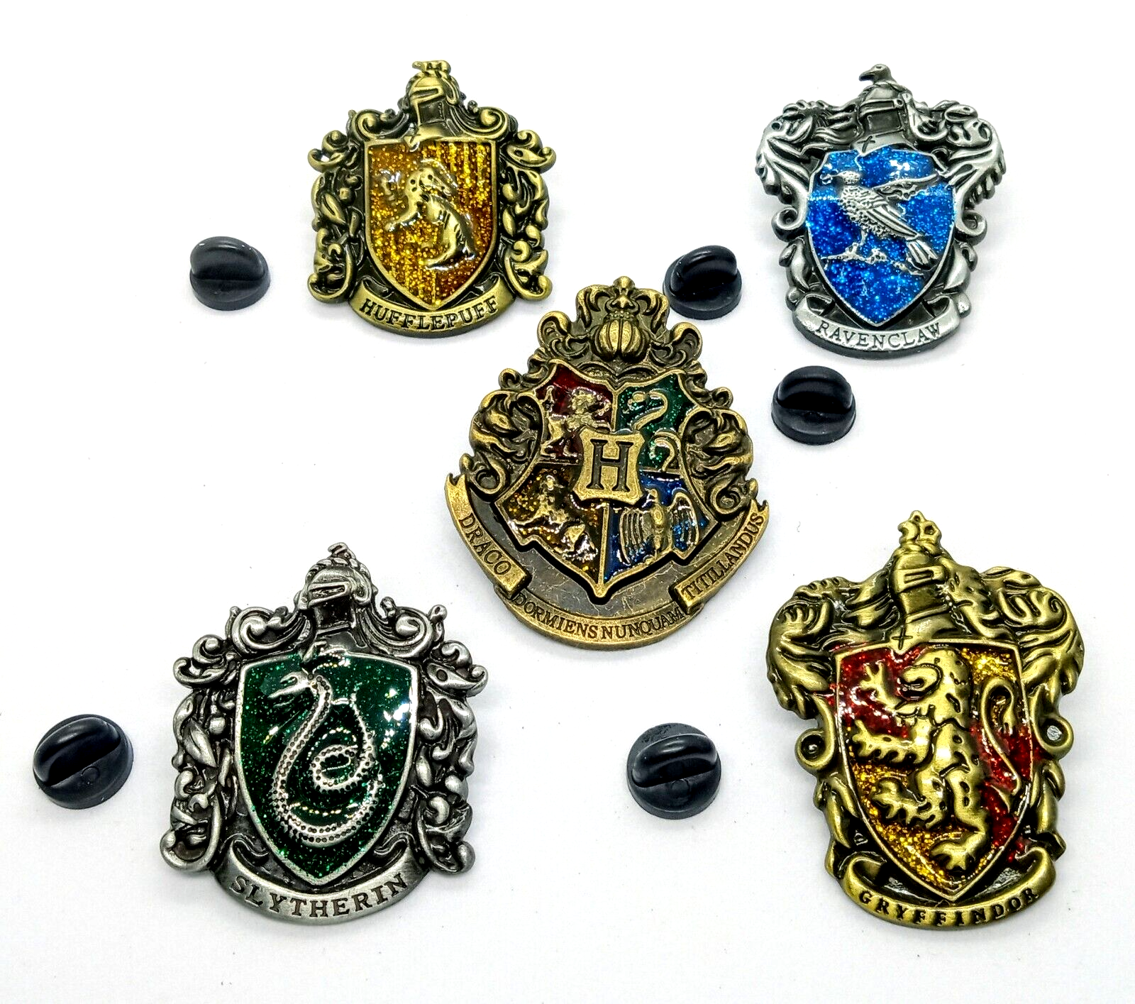 HARRY POTTER CREST PIN SET (5pcs) Hogwarts & House Emblems Enamel Brooch Lot