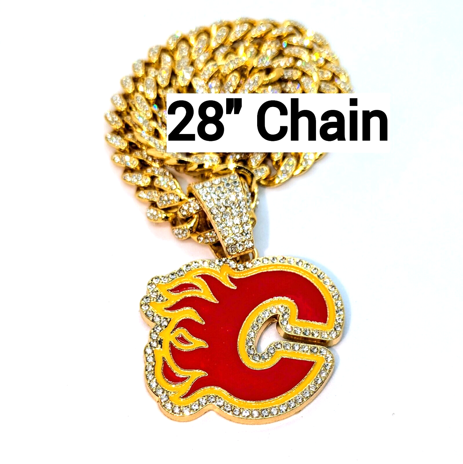 CALGARY FLAMES GEM NECKLACE Gold Bling NHL Hockey Hip Hop Pendant & 28" Chain