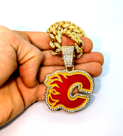 CALGARY FLAMES GEM NECKLACE Gold Bling NHL Hockey Hip Hop Pendant & 28" Chain