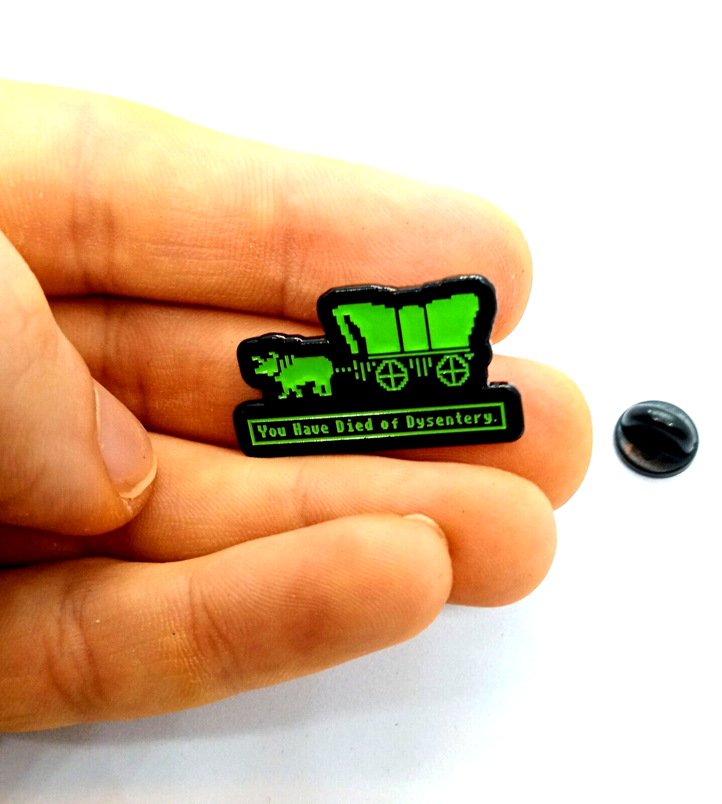 OREGON TRAIL PIN "You Have Died of Dysentery" Vintage Gamer Enamel Lapel Brooch