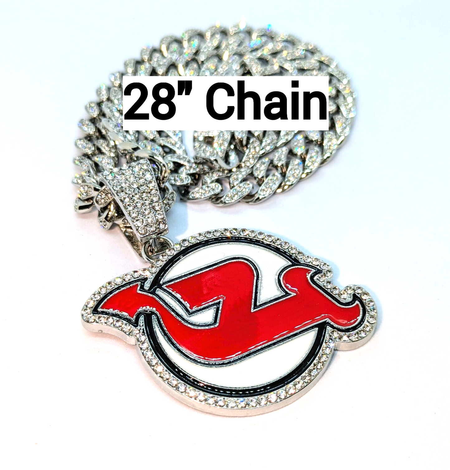 NEW JERSEY DEVILS GEM NECKLACE Silver Bling NHL Hip Hop Pendant & 28" Chain