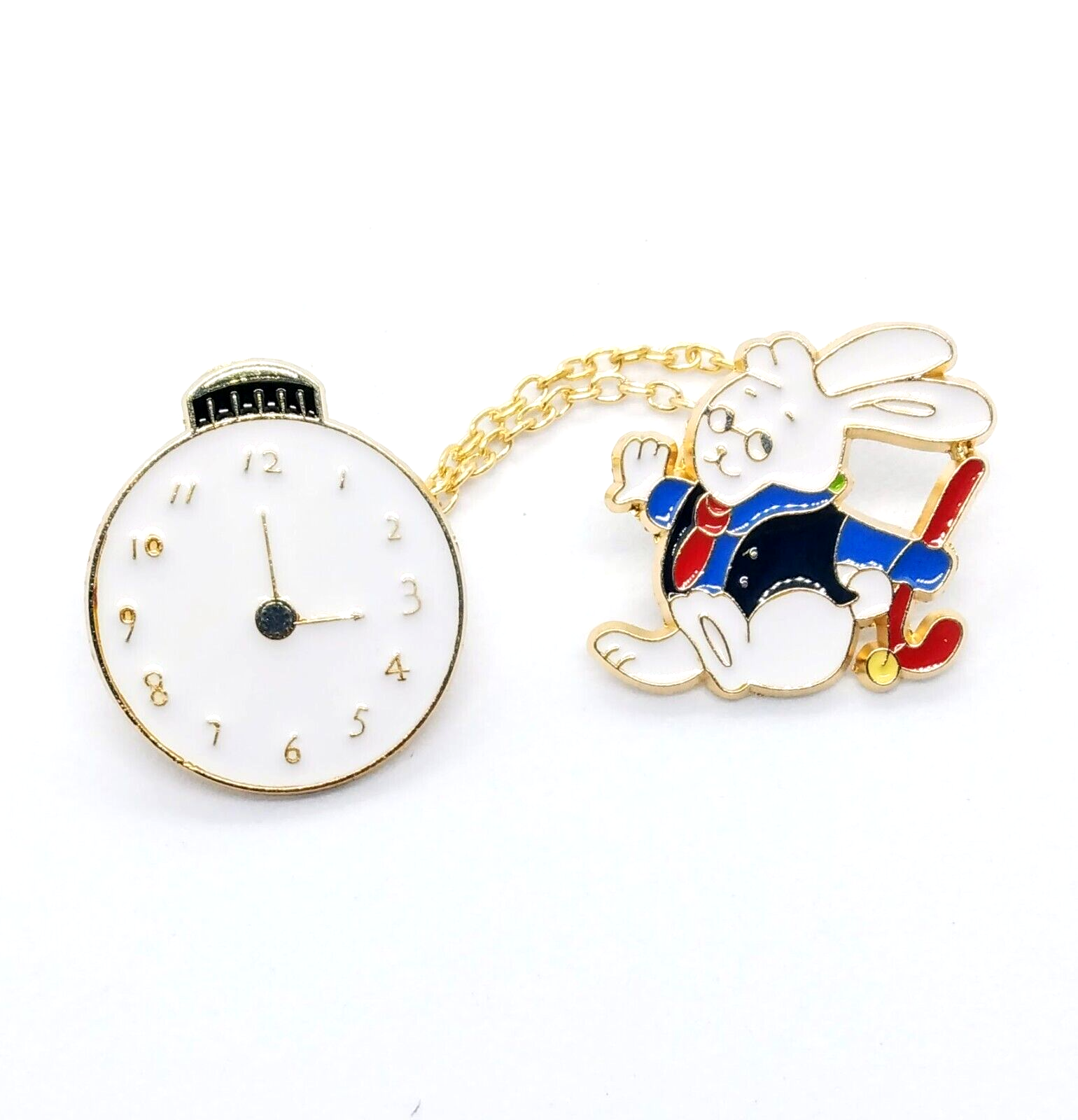 WHITE RABBIT PIN Alice in Wonderland Chain Timepiece Gift Enamel Lapel Brooch