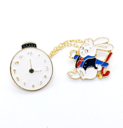 WHITE RABBIT PIN Alice in Wonderland Chain Timepiece Gift Enamel Lapel Brooch