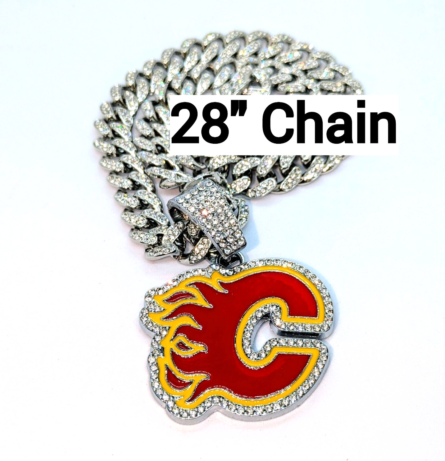 CALGARY FLAMES GEM NECKLACE Silver Bling NHL Hockey Hip Hop Pendant & 28" Chain