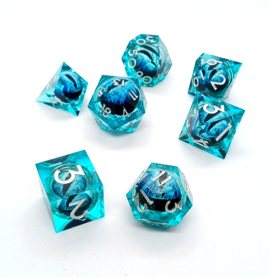 DRAGON EYE DICE (7pcs) TEAL Dungeons & Dragons DND Poly Resin/Liquid Core