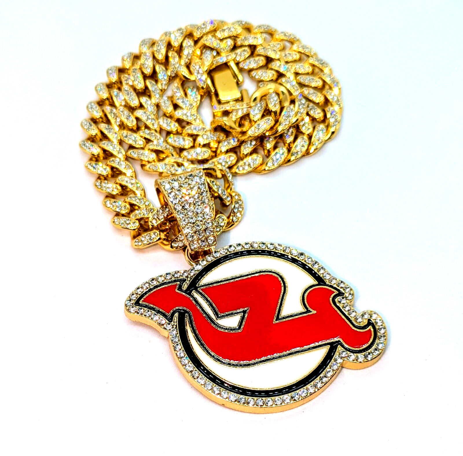 NEW JERSEY DEVILS GEM NECKLACE Gold Bling NHL Hockey Hip Hop Pendant & 20" Chain