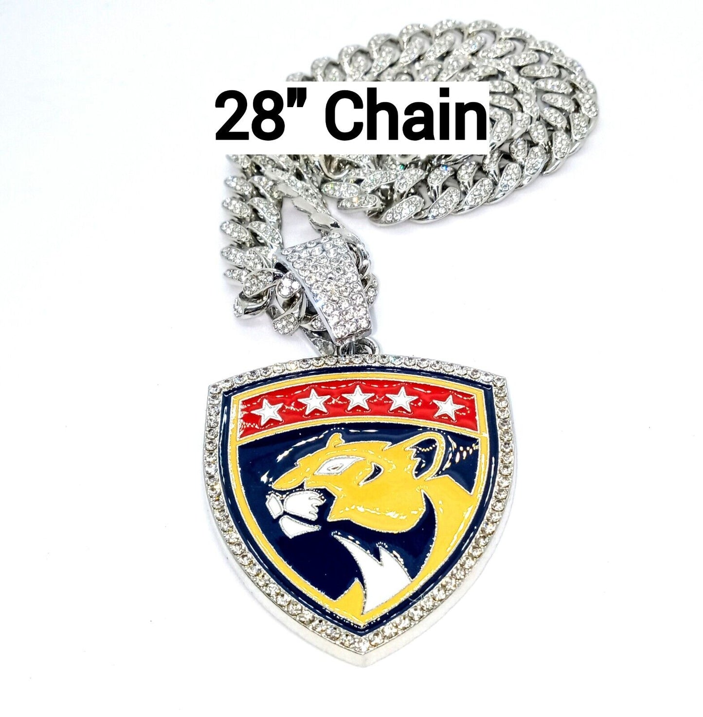 FLORIDA PANTHERS GEM NECKLACE Silver Hip Hop NHL Hockey Bling Pendant &28" Chain