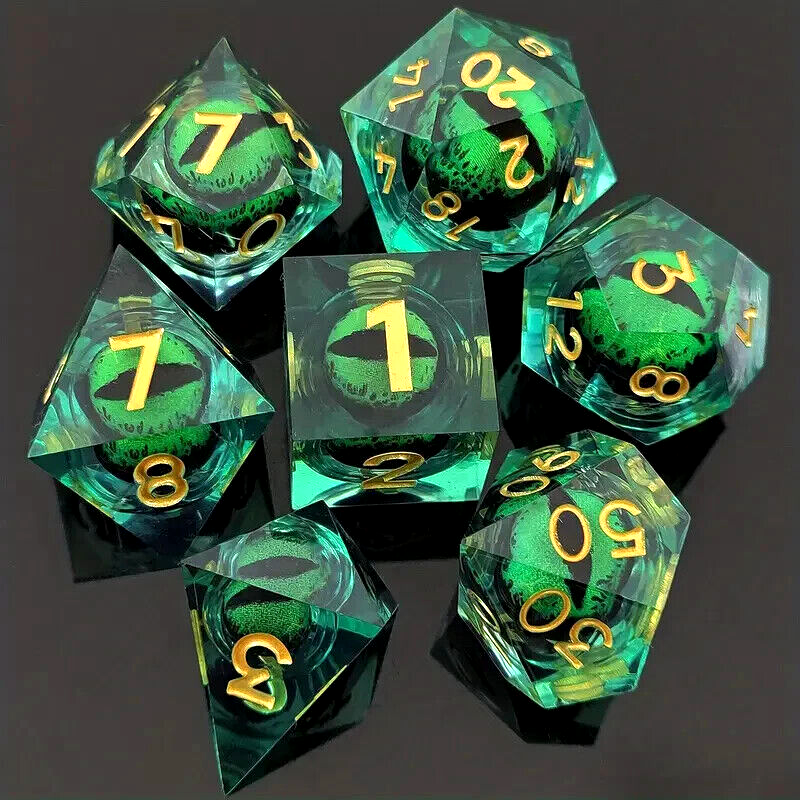 DRAGON EYE DICE (7pcs) GREEN Dungeons & Dragons DND Poly Resin/Liquid Core