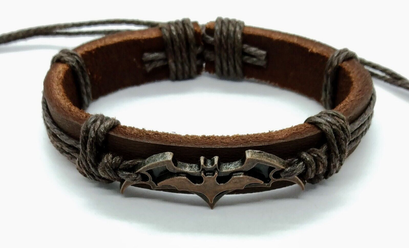 BATMAN BRACELET Copper Logo & Brown Adjustable Braided Leather