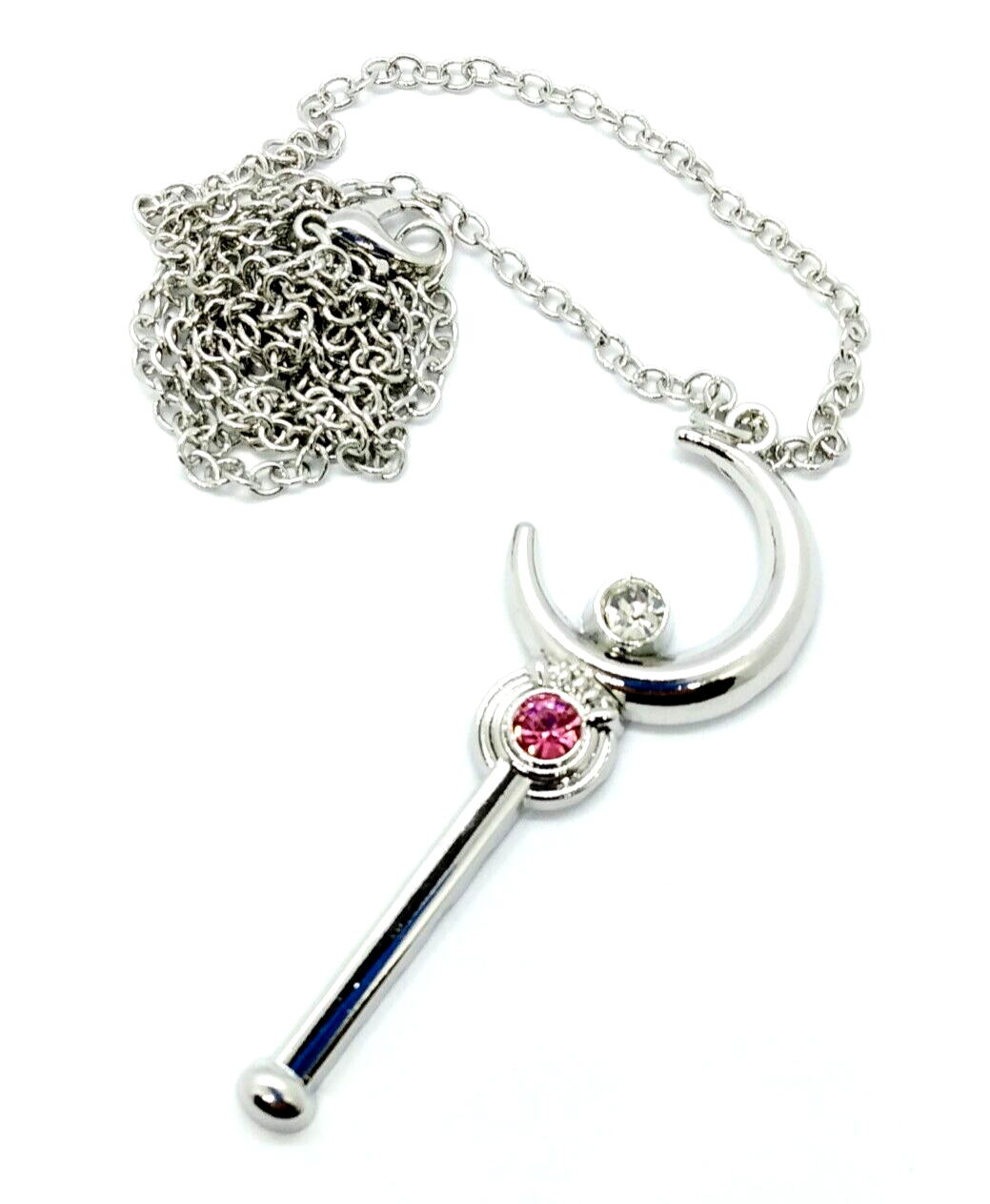 SAILOR MOON NECKLACE Silver & Pink Gem Moon Stick (Wand) Pendant Anime