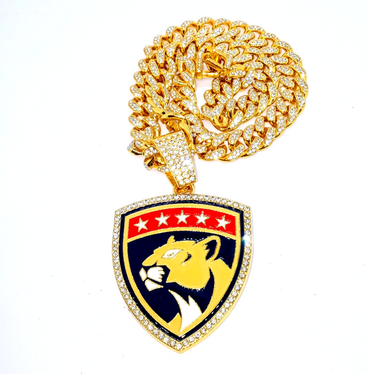 FLORIDA PANTHERS GEM NECKLACE Gold Hip Hop NHL Hockey Bling Pendant & 20" Chain