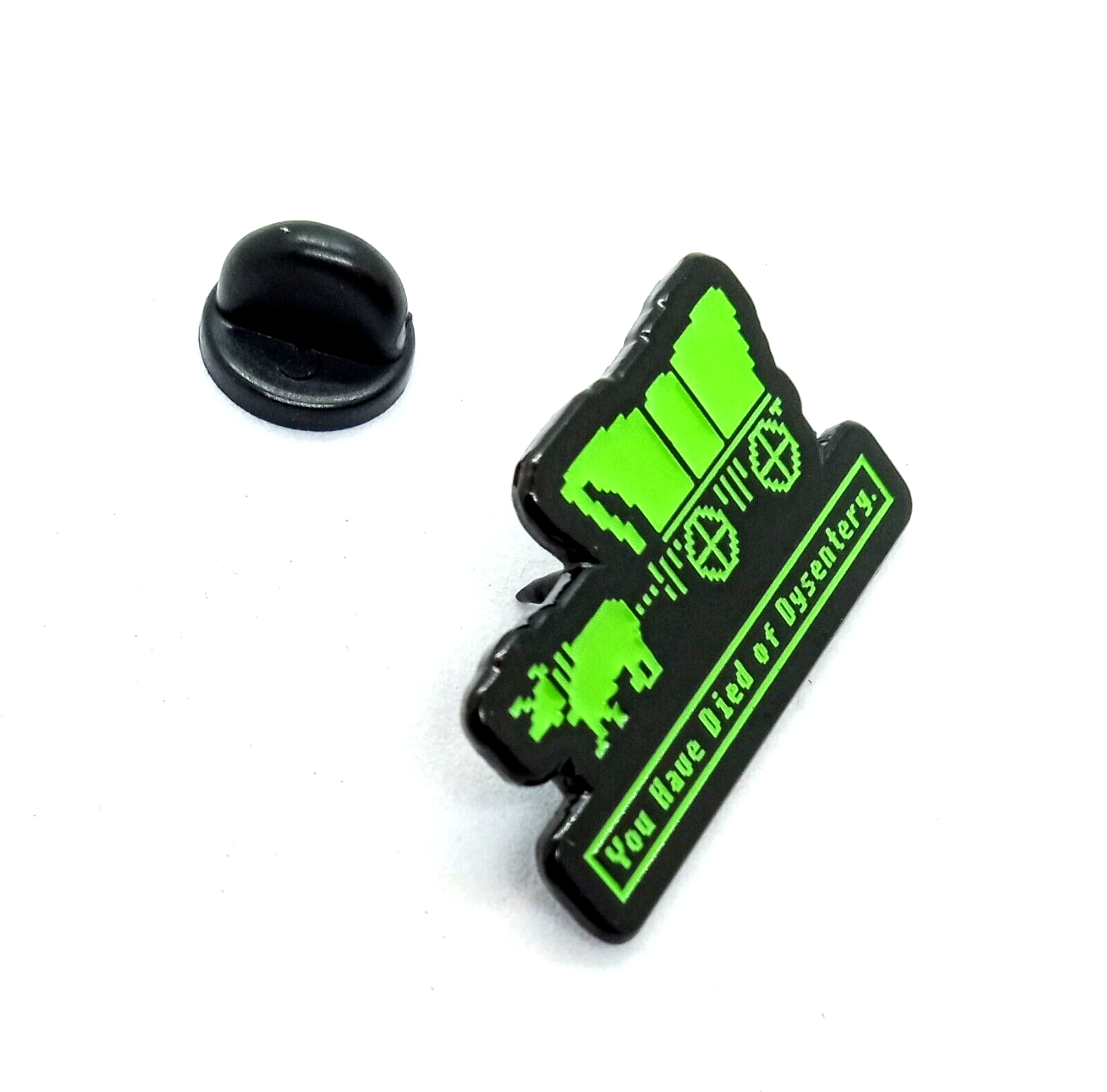 OREGON TRAIL PIN "You Have Died of Dysentery" Vintage Gamer Enamel Lapel Brooch