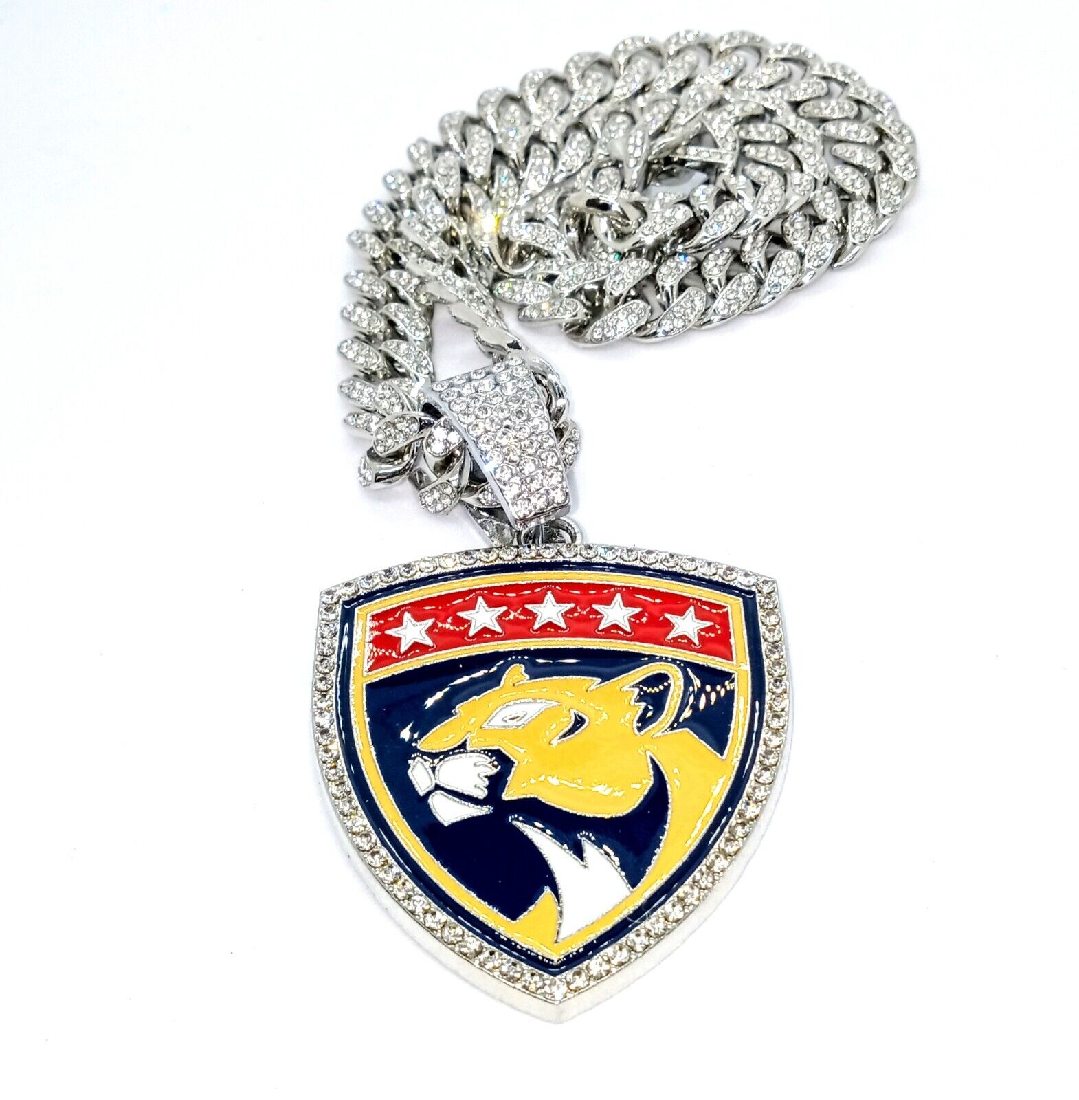 FLORIDA PANTHERS GEM NECKLACE Silver Hip Hop NHL Hockey Bling Pendant &20" Chain