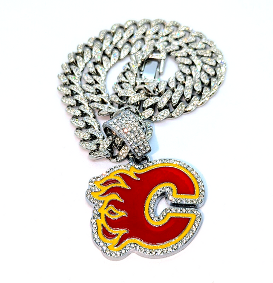 CALGARY FLAMES GEM NECKLACE Silver Bling NHL Hockey Hip Hop Pendant & 20" Chain