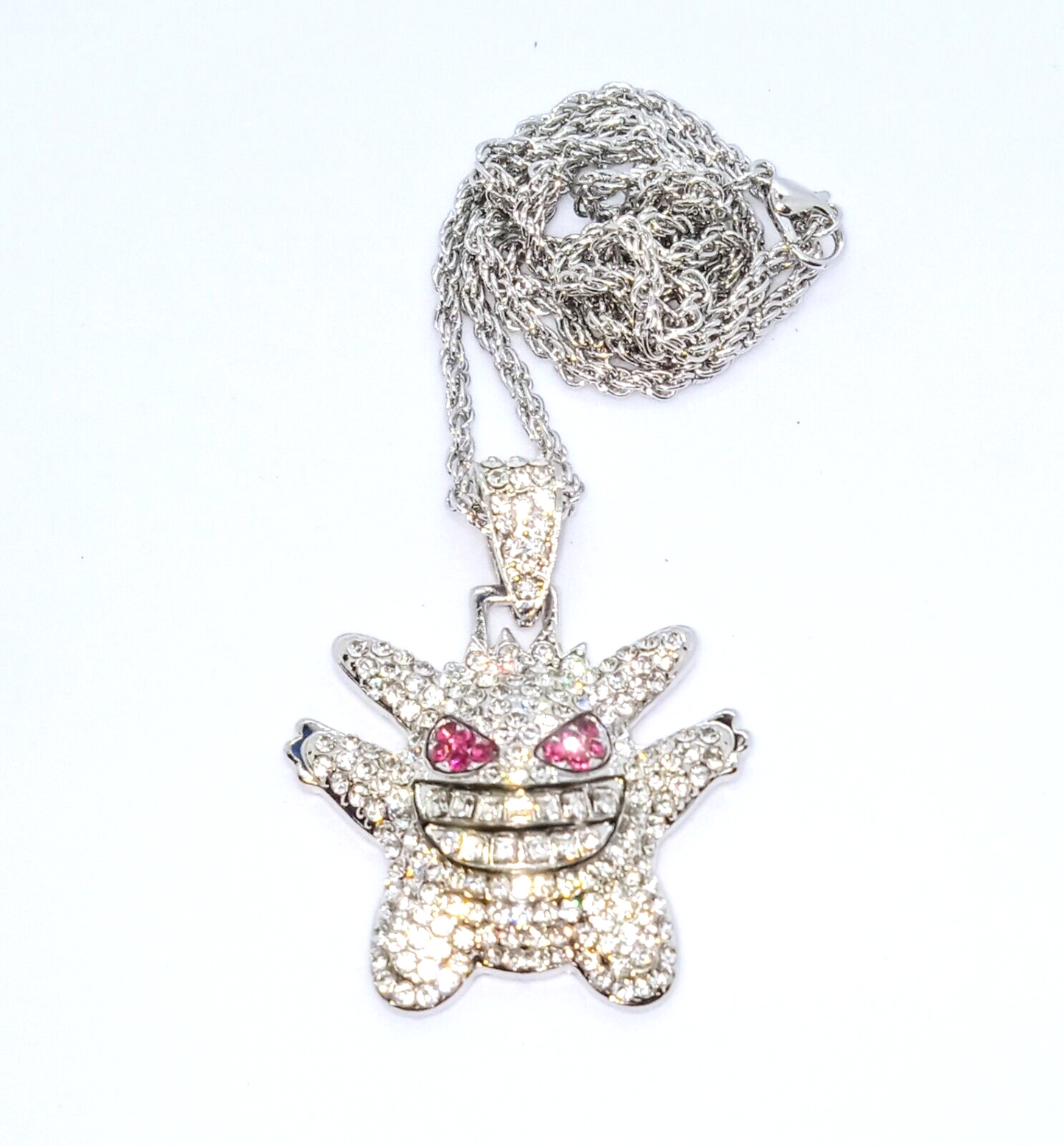 WHITE/SILVER GENGAR GEM NECKLACE Pokemon Hip Hop Pendant & 22" Twisted Chain