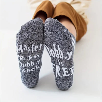 DOBBY SOCKS (1 Pair) Harry Potter "Dobby is FREE" Gray/White Comfy Wizarding