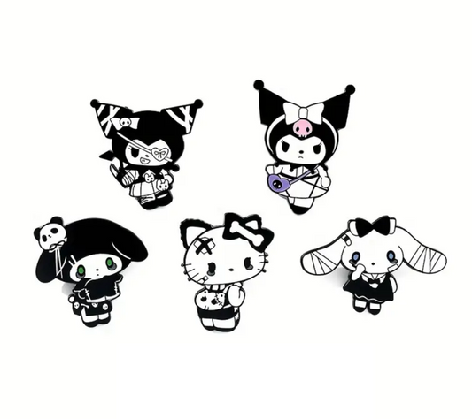 GOTH HELLO KITTY PIN SET (5pcs) Gothic B&W Toon Gift Enamel Lapel Brooch Lot