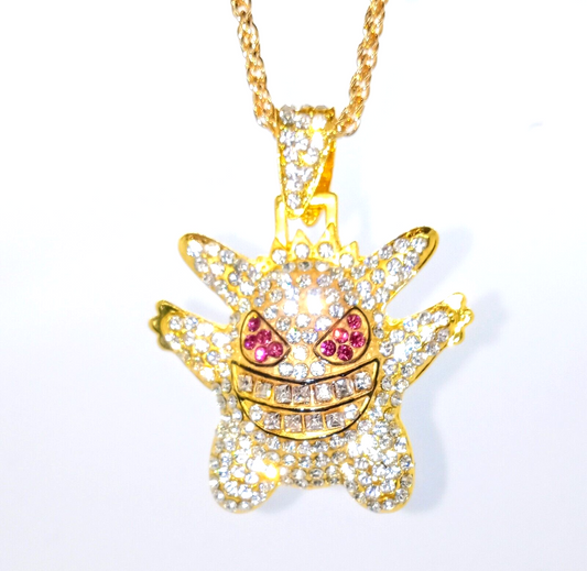 WHITE/GOLD GENGAR GEM NECKLACE Pokemon Bling Hip Hop Pendant & 22" Twisted Chain