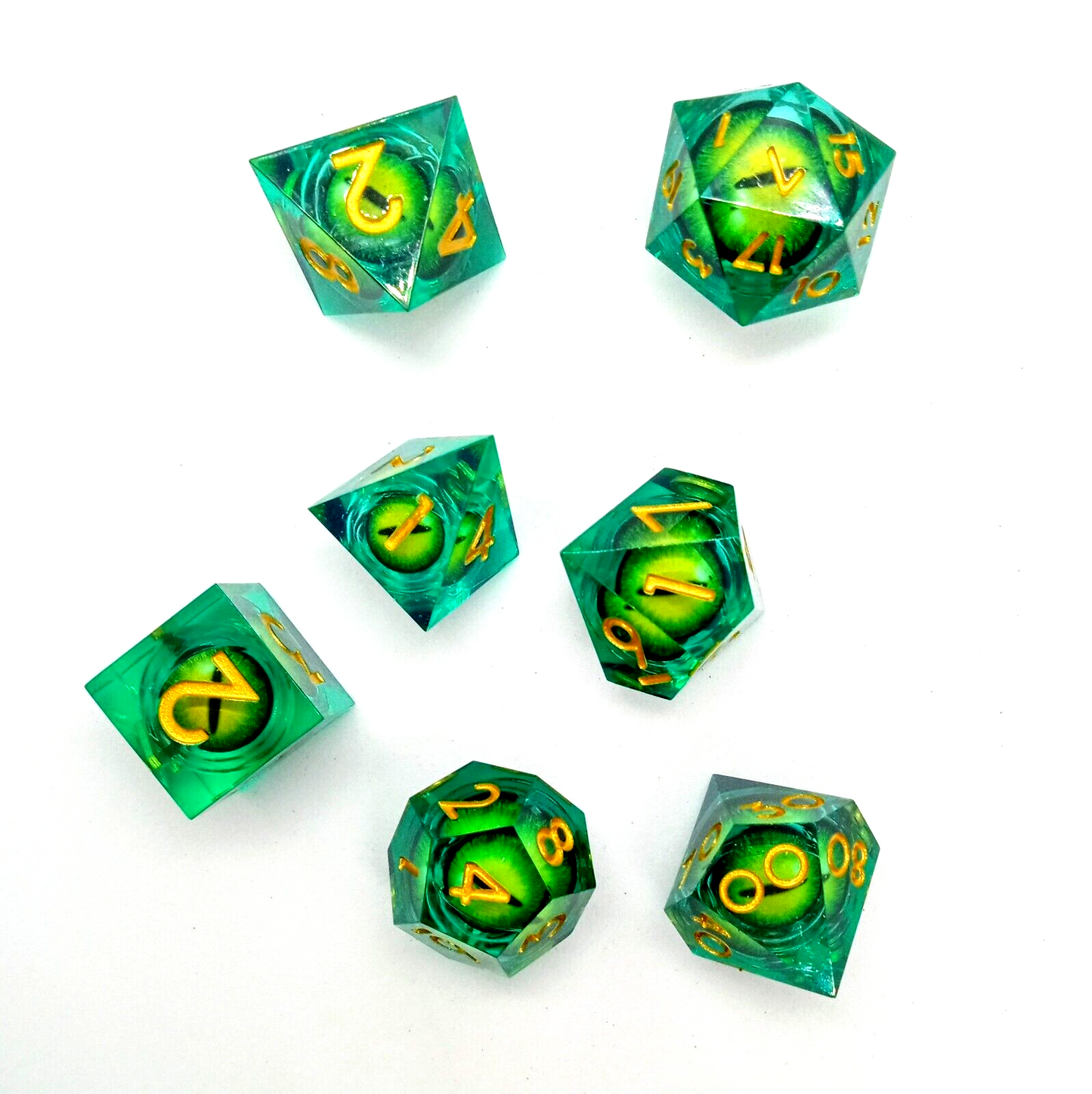 DRAGON EYE DICE (7pcs) GREEN Dungeons & Dragons DND Poly Resin/Liquid Core