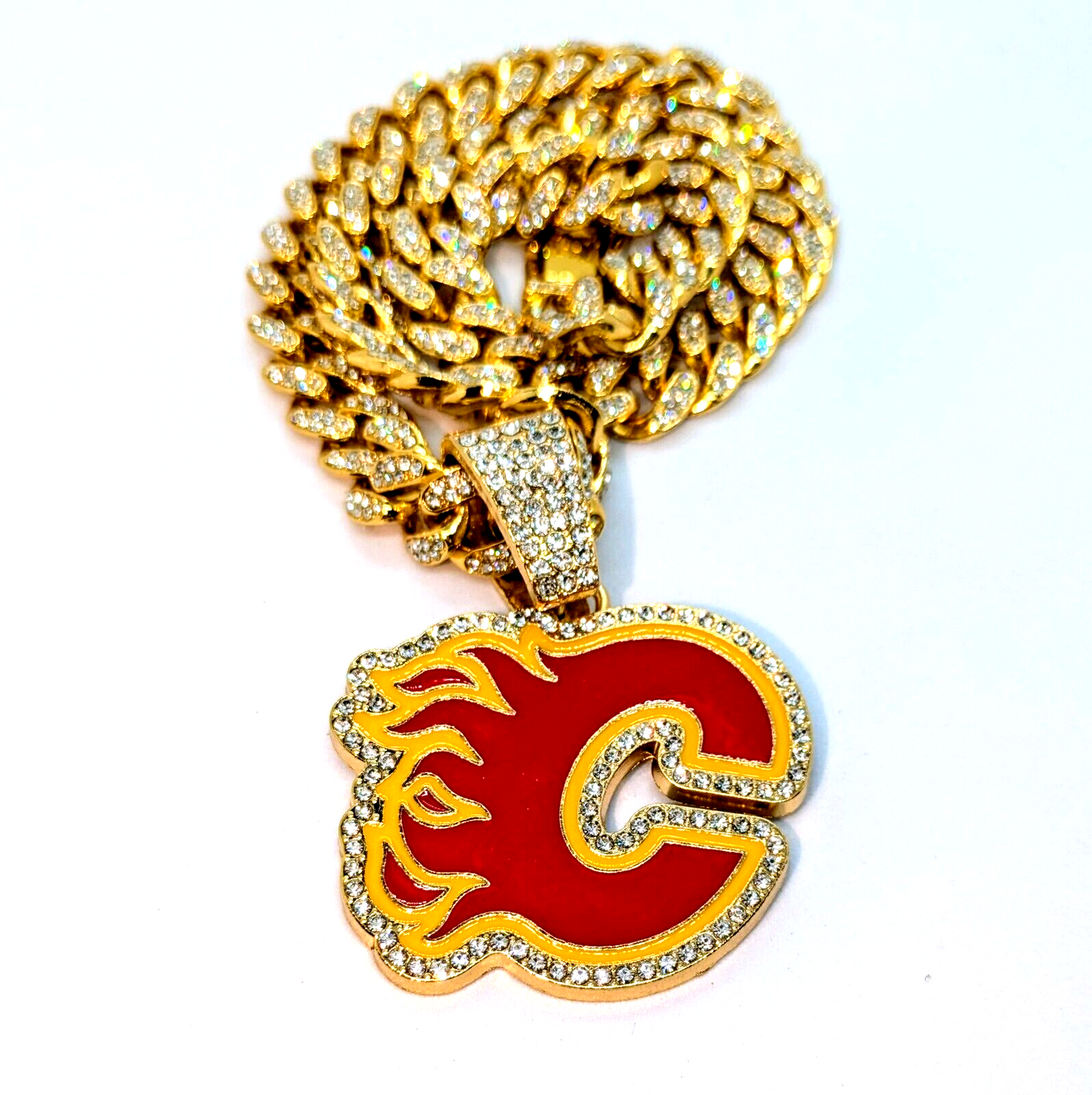 CALGARY FLAMES GEM NECKLACE Gold Bling NHL Hockey Hip Hop Pendant & 20" Chain