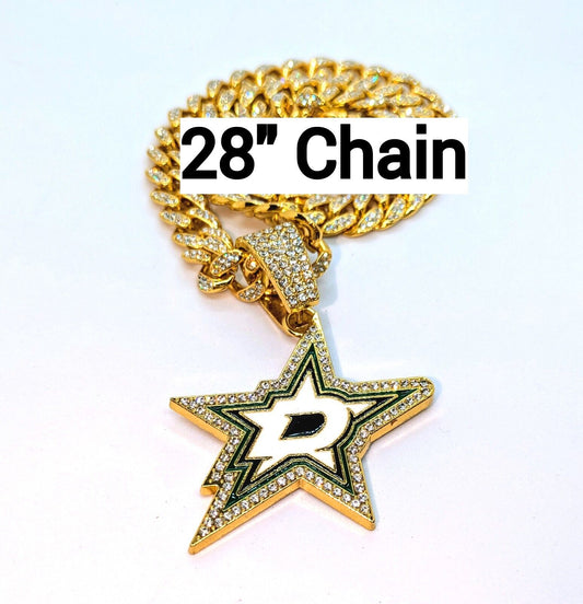 DALLAS STARS GEM NECKLACE Gold Bling NHL Hockey Hip Hop Pendant & 28" Chain