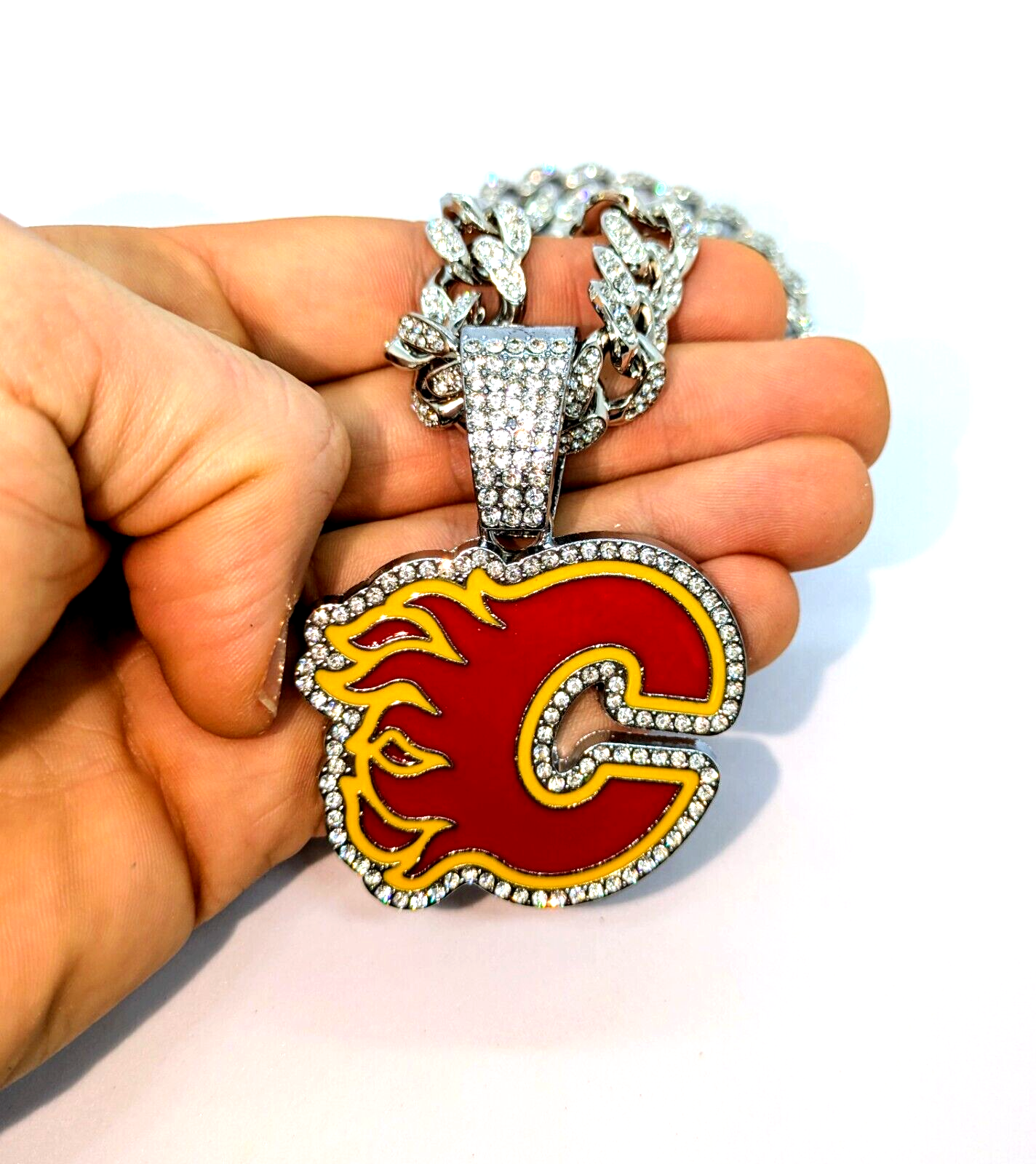 CALGARY FLAMES GEM NECKLACE Silver Bling NHL Hockey Hip Hop Pendant & 28" Chain