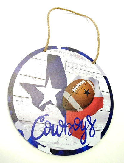 DALLAS COWBOYS WOODEN SIGN 7.75" Circular Hanging Wall State Pride Decal & Rope