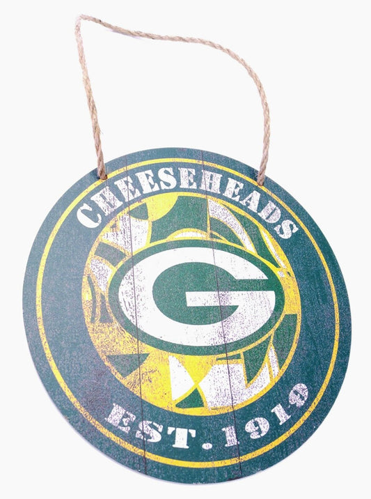 GREEN BAY PACKERS WOODEN SIGN 7.75" Circular Hanging Wall Logo Decal & Rope