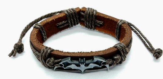 BATMAN BRACELET Silver Logo & Brown Adjustable Braided Leather