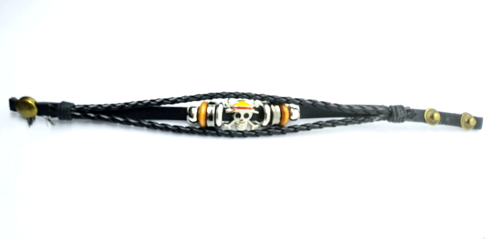 ONE PIECE BRACELET Luffy Pirate Ace Jolly Roger Anime &Button Black Leather Band