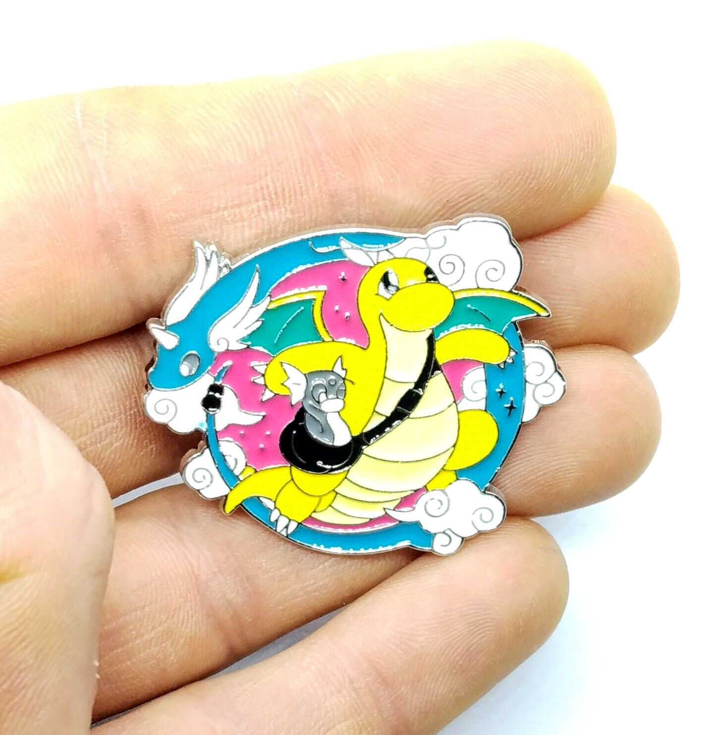 DRAGONITE PIN Pokemon Round Circle Flying High w/ Dratini Enamel Brooch Anime