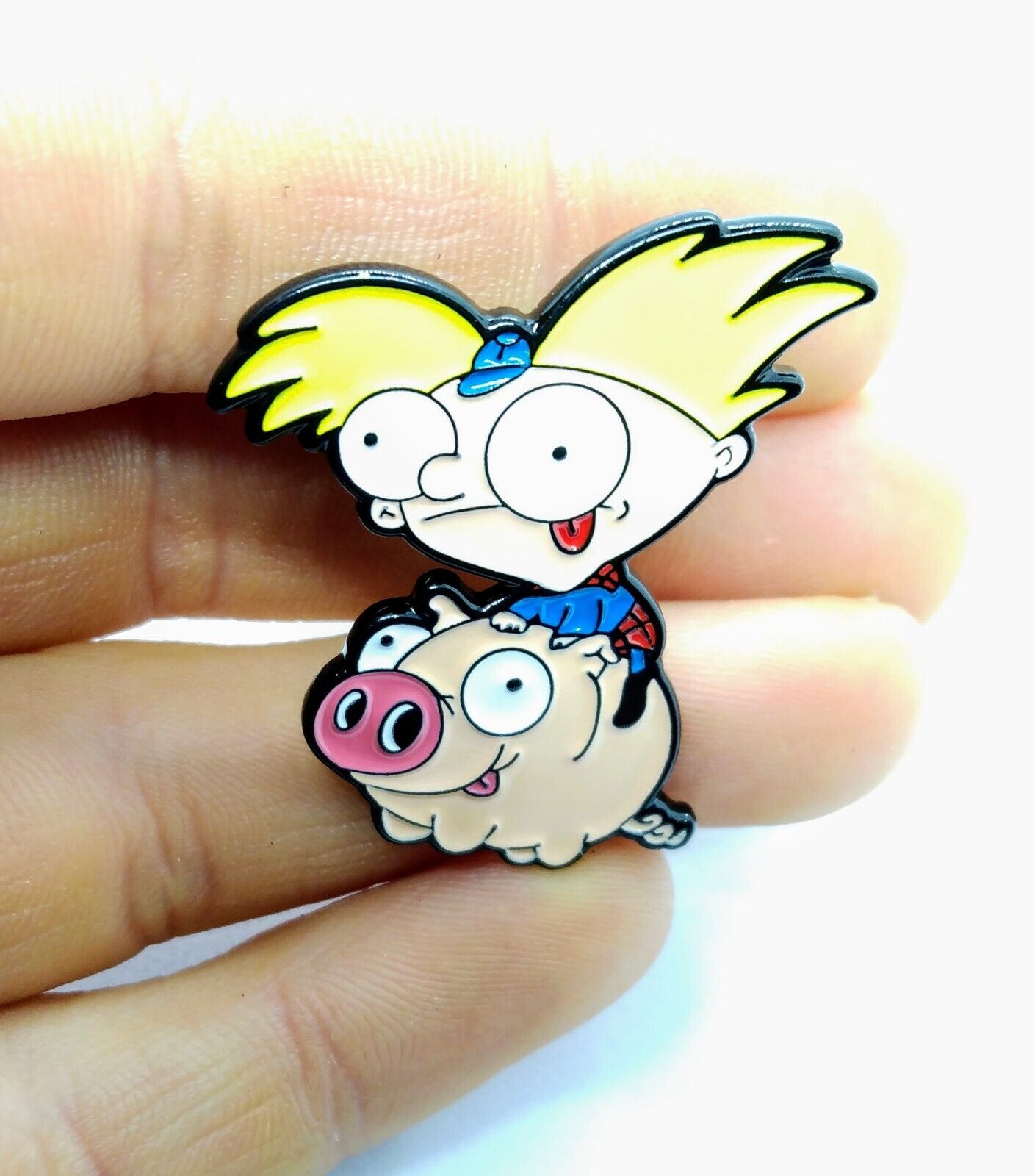 HEY ARNOLD RIDING PIG PIN Funny Big-Eyed Enamel Brooch 90s 1990s Cartoon Toon