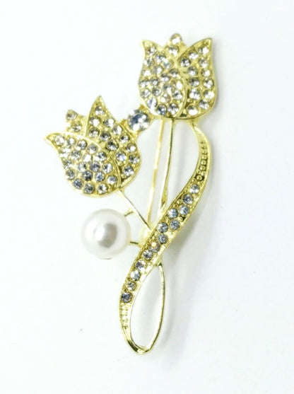 FLOWER GEM BROOCH Golden Roses & Faux Pearl w/ Rhinestones Pin