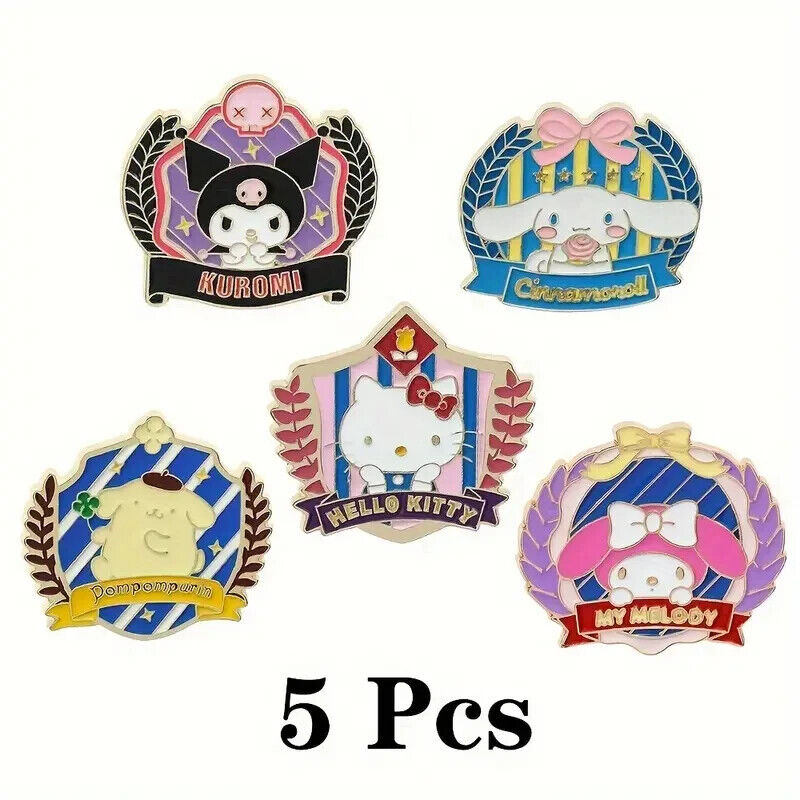 HELLO KITTY COAT OF ARMS PIN SET (5pcs) Cartoon Crest Enamel Lapel Brooch Lot