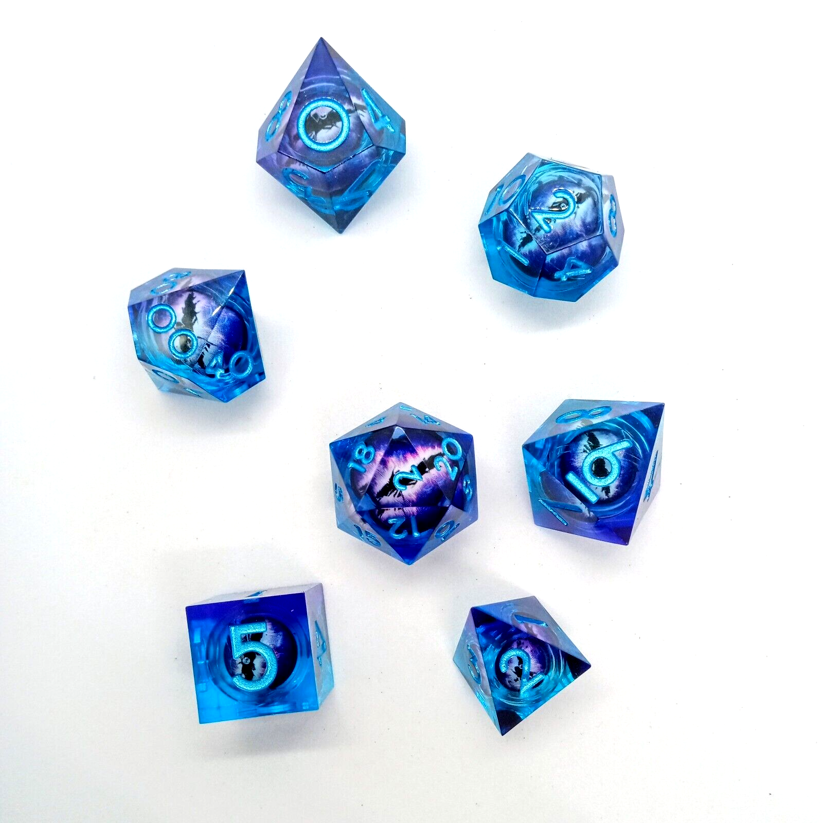 DRAGON EYE DICE (7pcs) PURPLE/BLUE Dungeons & Dragons DND Poly Resin/Liquid Core